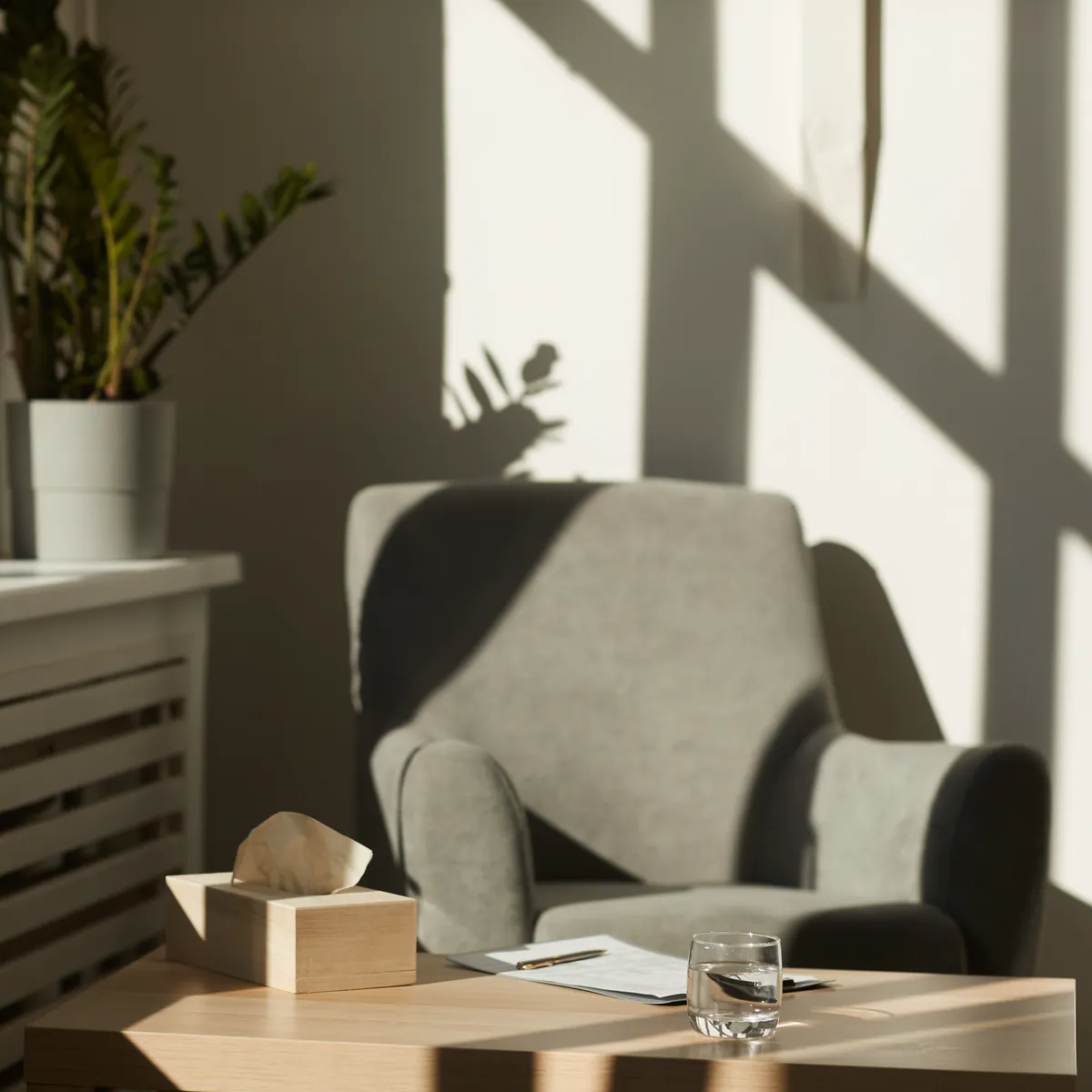 Consulta de psicología tranquila con sillón, pañuelos y cuaderno de notas